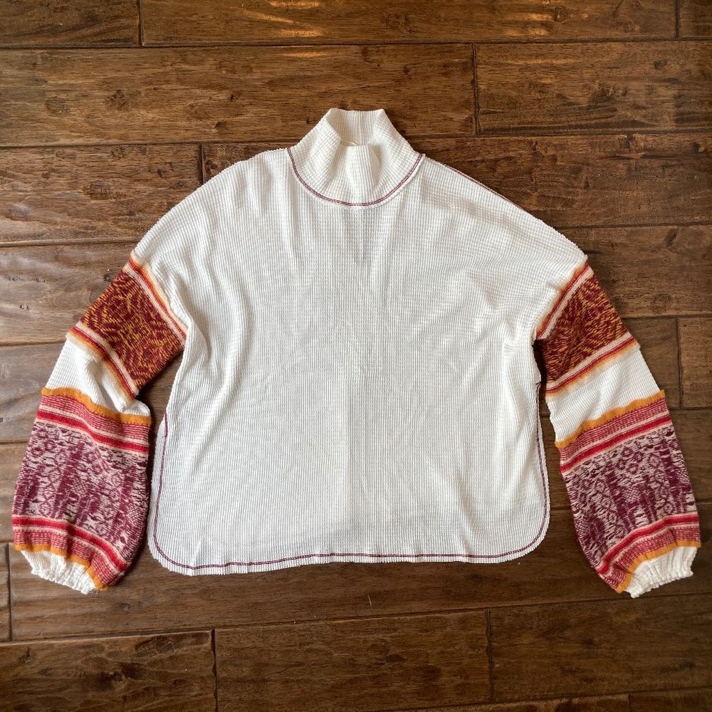 Free People Small Woven Wool Mock Neck Thermal Sweater Boho Cozy Cabin